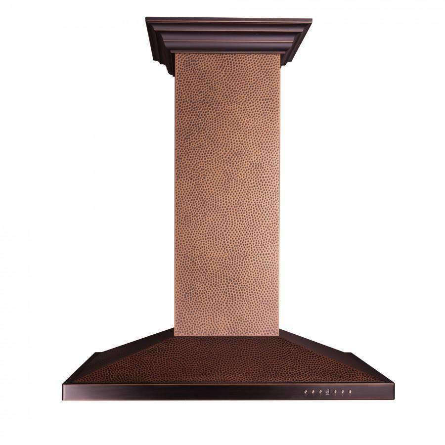 Island range hood with hammered copper chimney and stainless vent canopy front