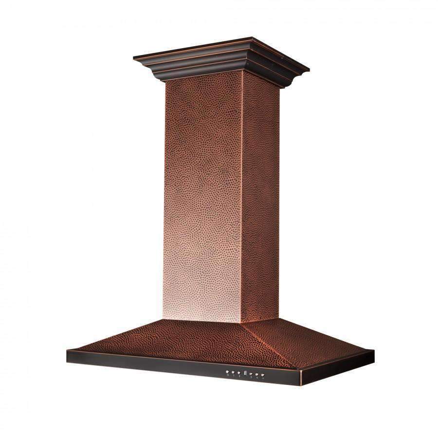 Island range hood with hammered copper chimney and wide flat vent canopy