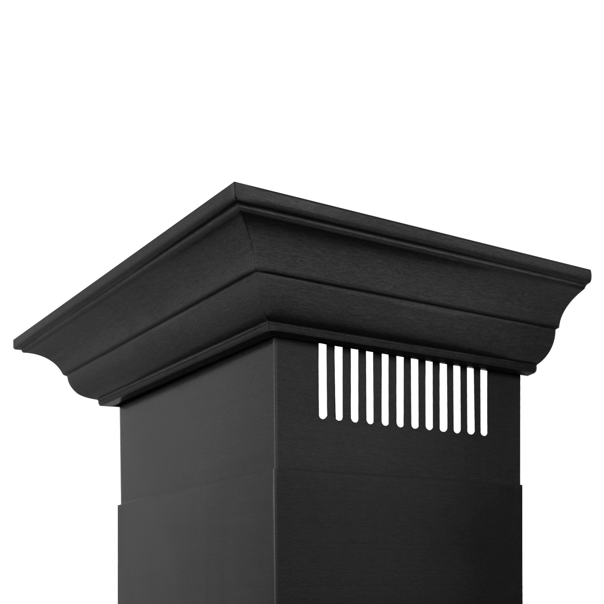 Black wall mount range hood with crown molding and vent louver grille