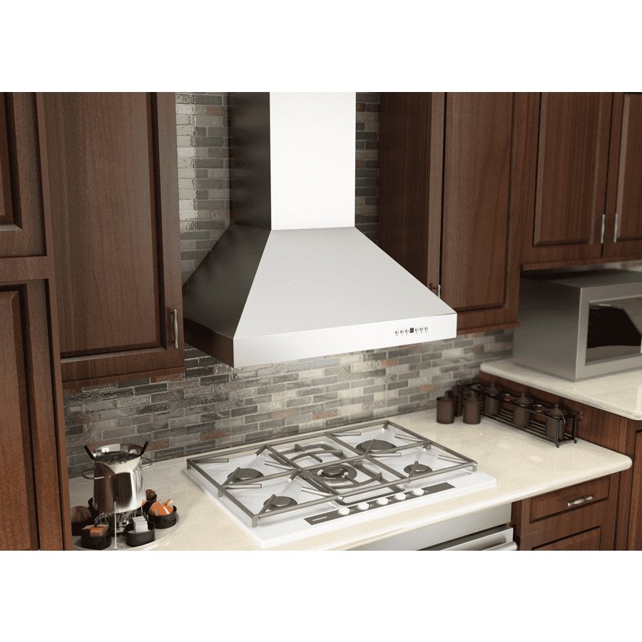 Outdoor-approved stainless steel wall mount range hood over gas cooktop