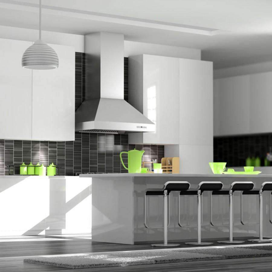Stainless steel convertible range hood with vent grille and slim control buttons