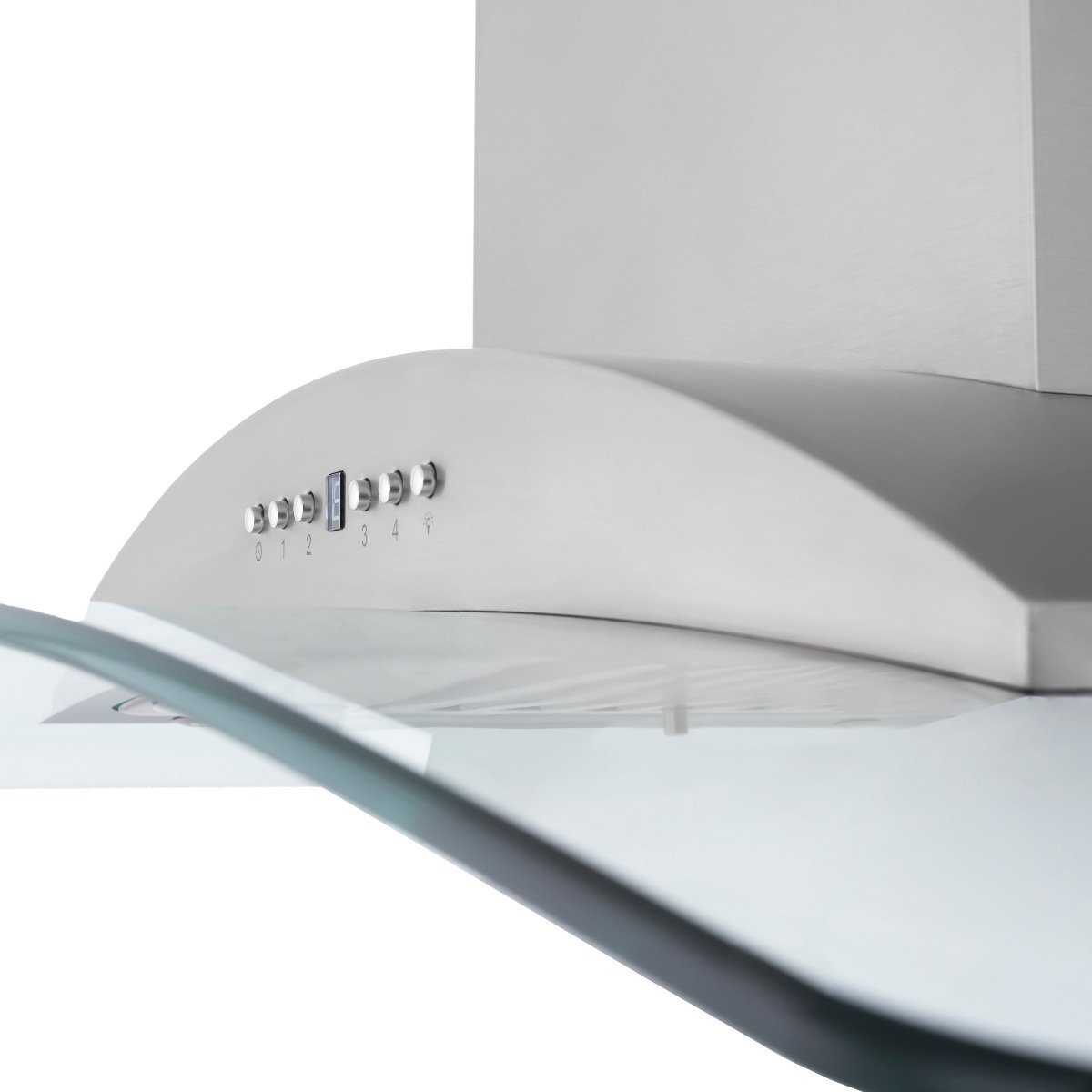 Stainless steel convertible wall range hood with curved canopy and control knobs