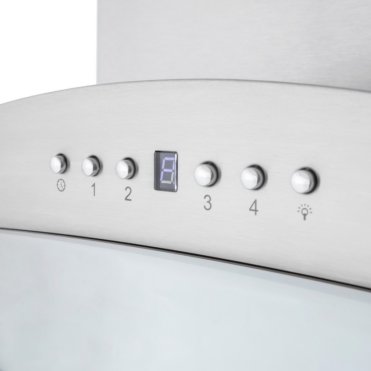 Stainless steel range hood control panel with digital display, speed buttons 1–4, and light icon