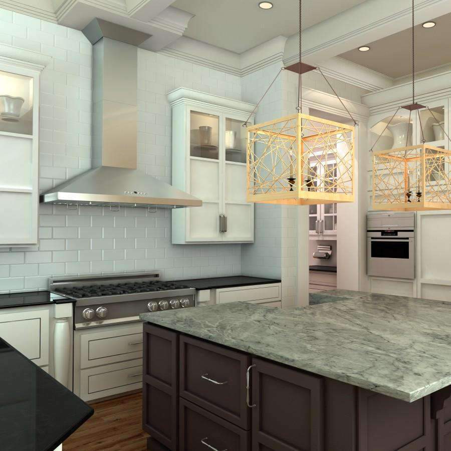 Stainless steel wall range hood above kitchen cooktop with ducted chimney