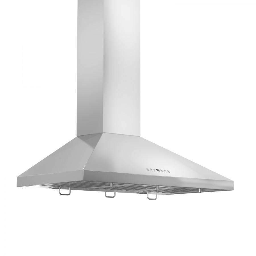 Stainless steel wall hood with front baffle filters and underside mounting tabs