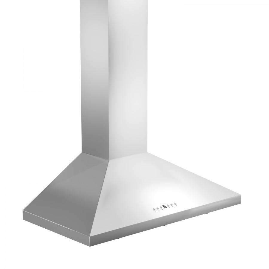 Stainless steel chimney-style wall mount range hood with front control area