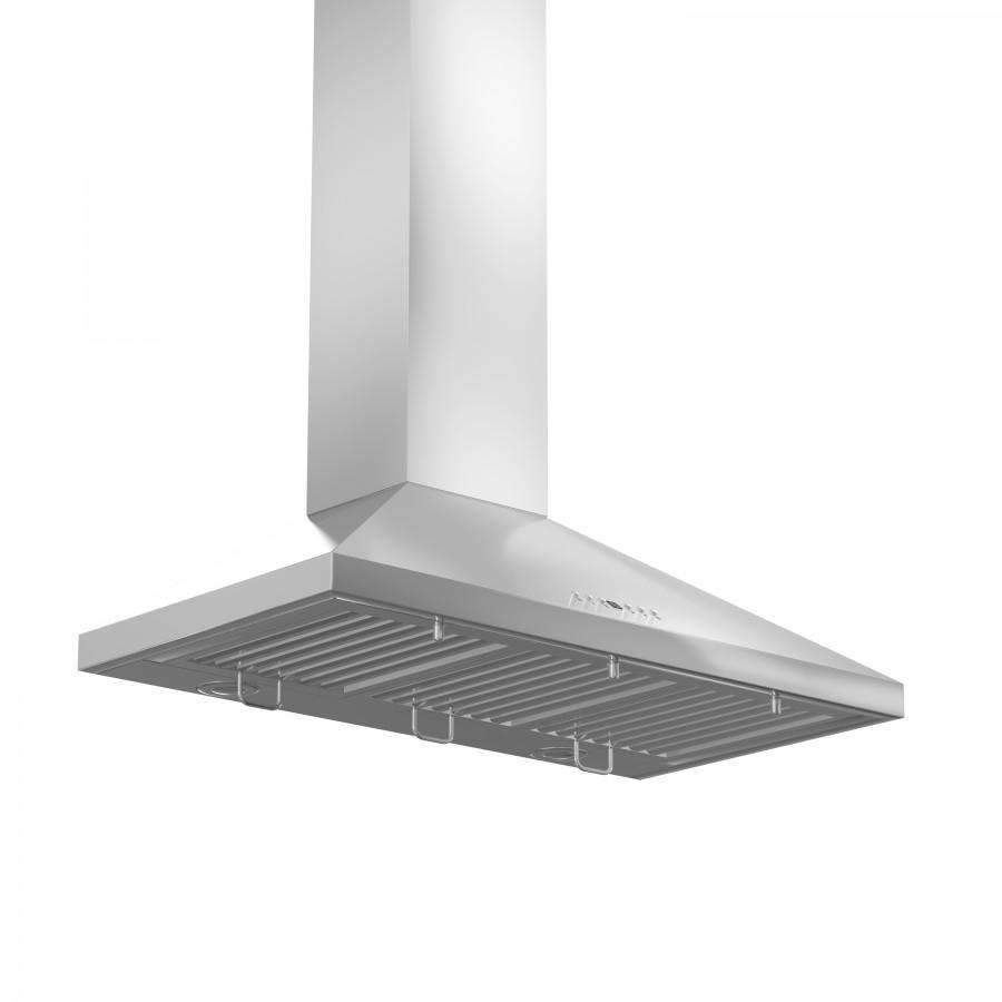Stainless steel wall range hood with open baffle filter panel and vent opening