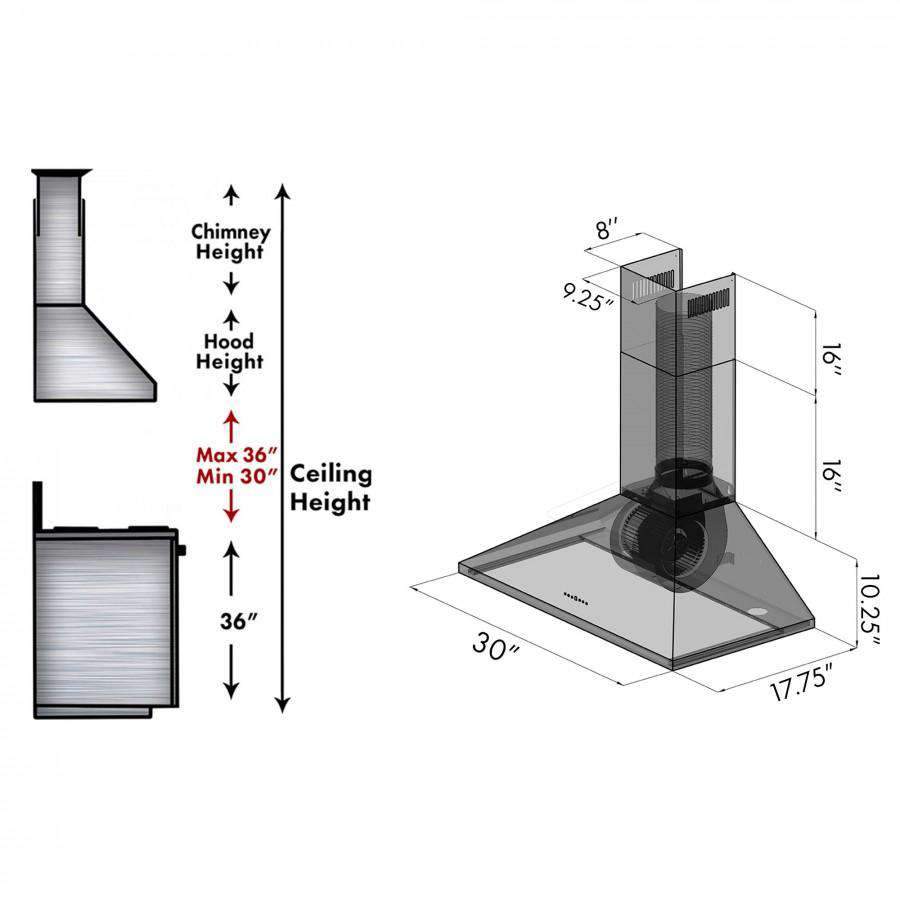 Stainless steel convertible vent wall range hood with chimney design and 30 in width