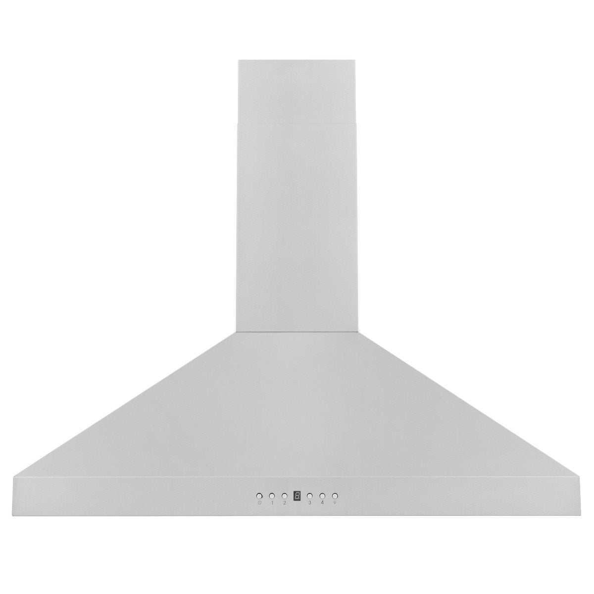 Stainless steel wall range hood low-angle view with front control strip