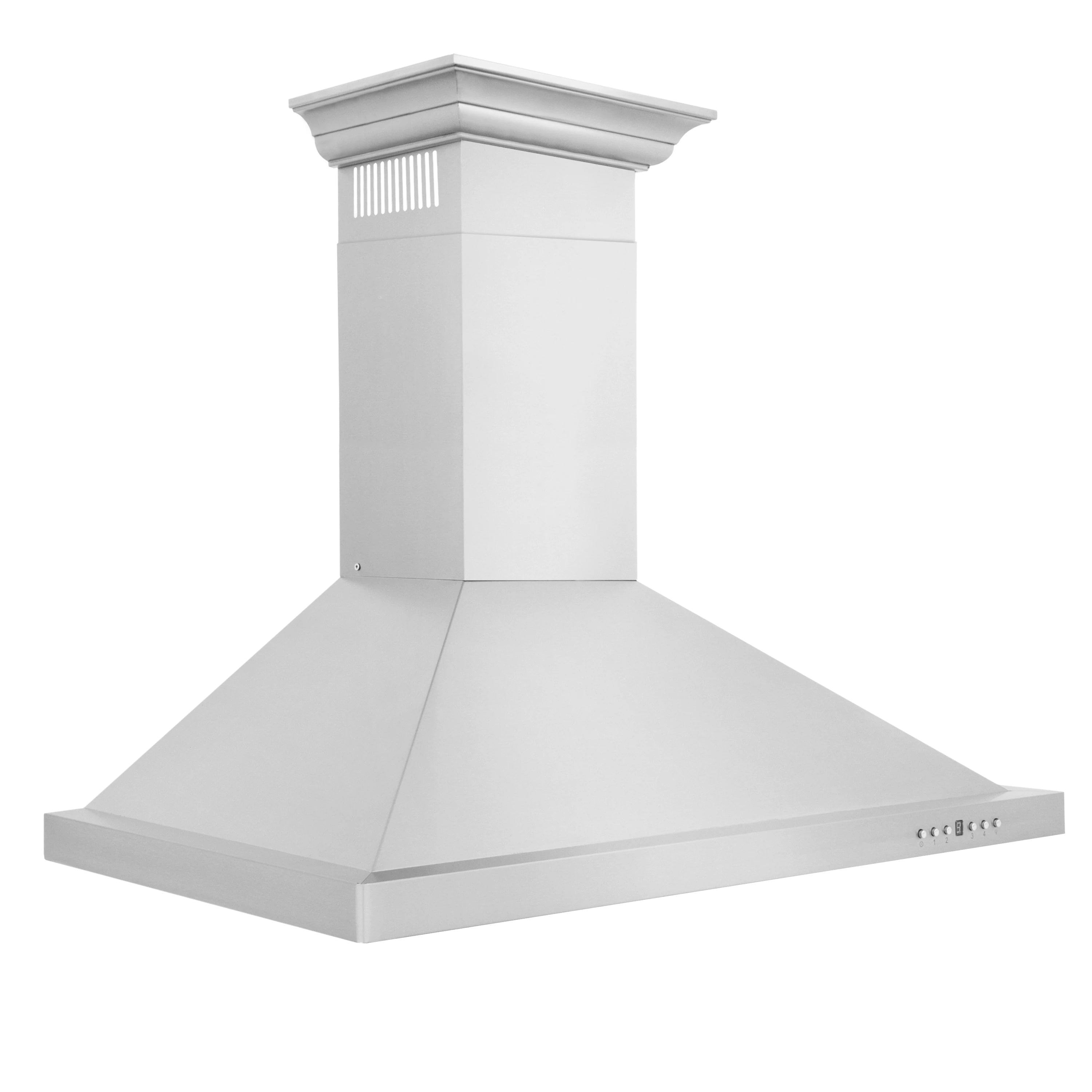 Stainless steel wall hood with tall chimney and crown molding trim, side view