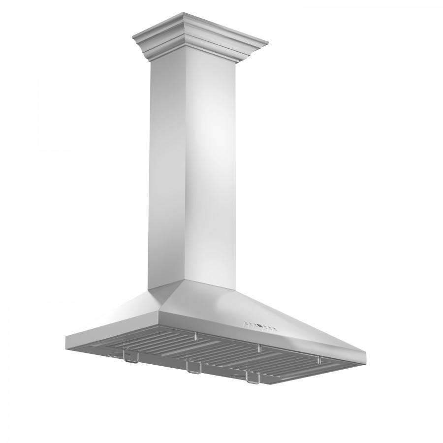 Stainless steel wall-mount range hood with crown molding and vent grille