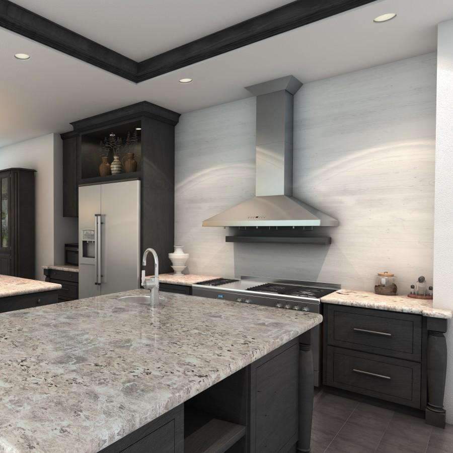 Stainless steel wall-mount convertible range hood over a cooktop in a modern kitchen.