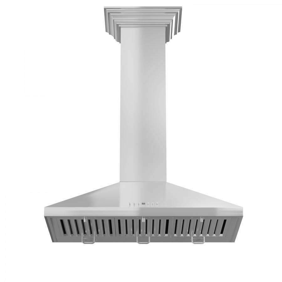 Stainless steel convertible range hood with crown molding and vent slots, front view.