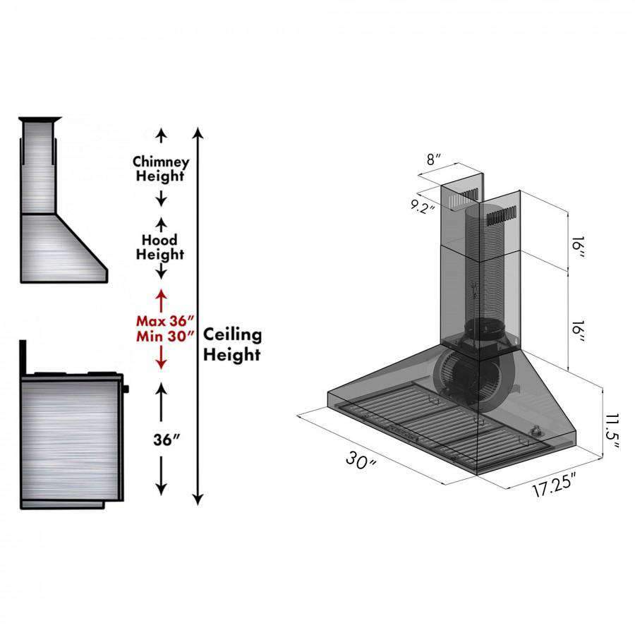 Stainless steel range hood chimney with duct layout and size diagram