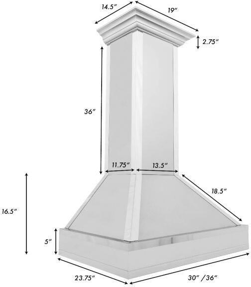 Range hood size diagram showing chimney height and flared canopy measurements