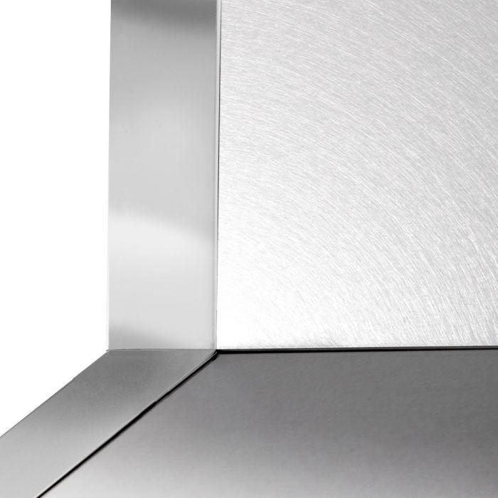 Satin stainless steel wall-mount range hood with angled panel seam