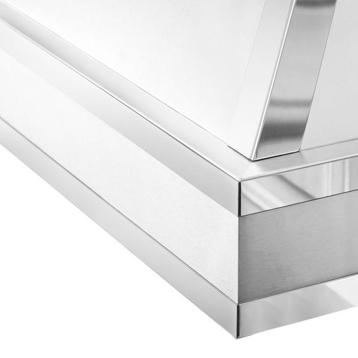 Satin stainless steel range hood corner trim with clean recessed panel line