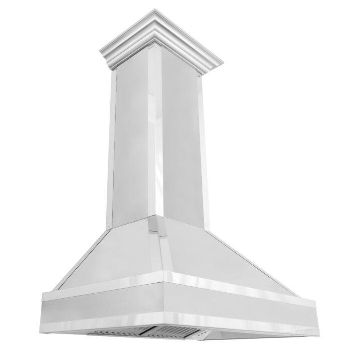 Wall-mount range hood with satin stainless chimney and broad flared canopy with mirror trim