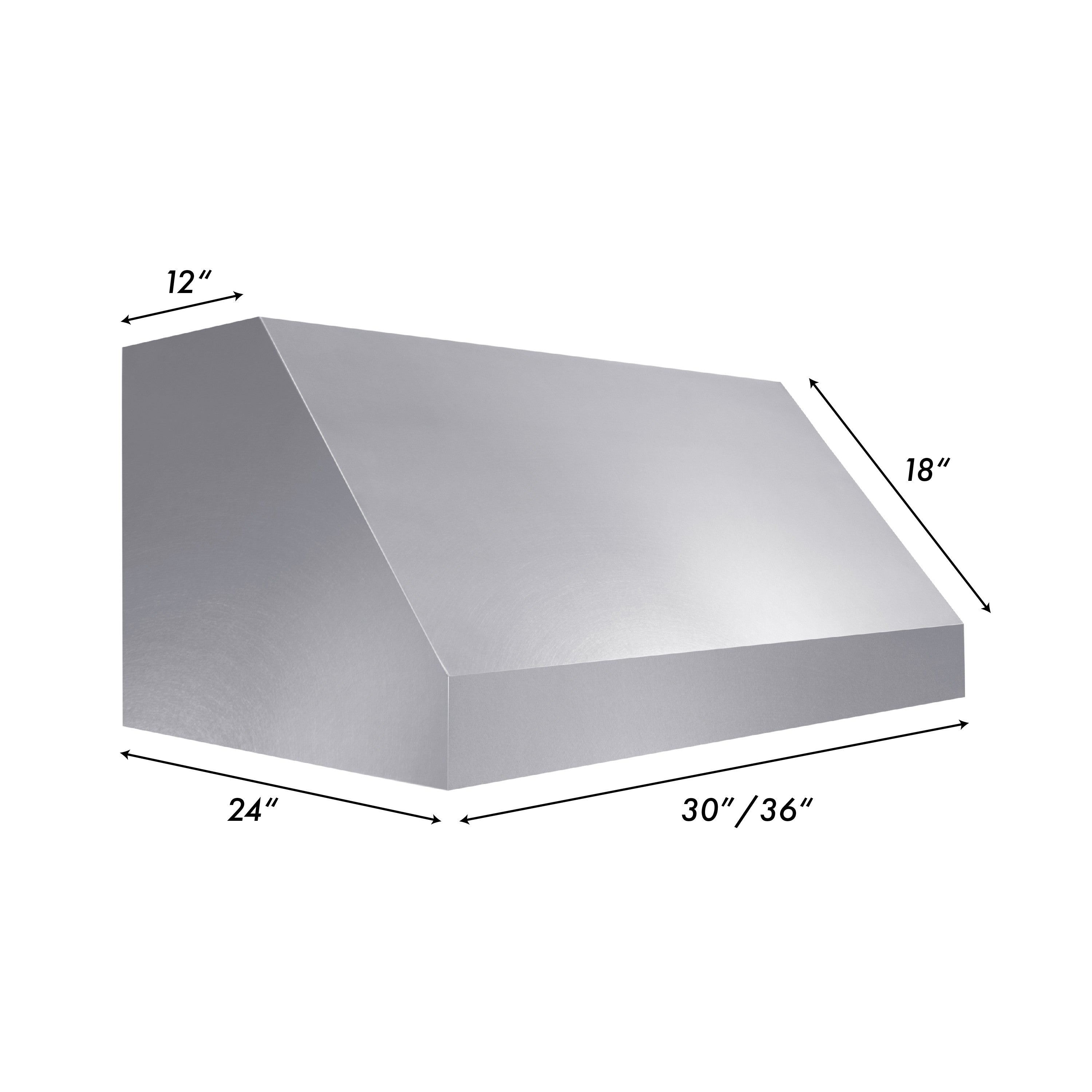Under-cabinet range hood dimensions diagram: 30/36 in wide, 18 in high, 12 in deep