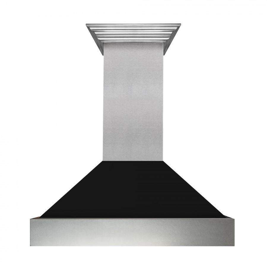 Wall-mounted ducted range hood with satin stainless chimney and black matte curved canopy.