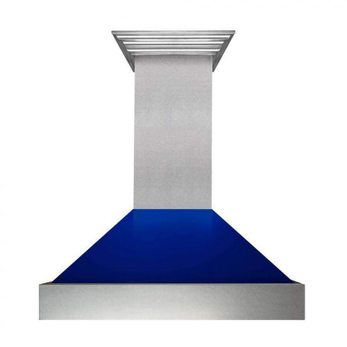 Stainless steel range hood with blue underside and vent chimney
