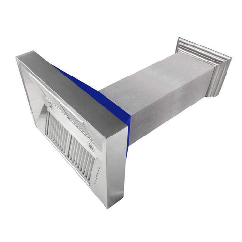 ZLINE satin stainless range hood with blue matte top panel, side air vent view