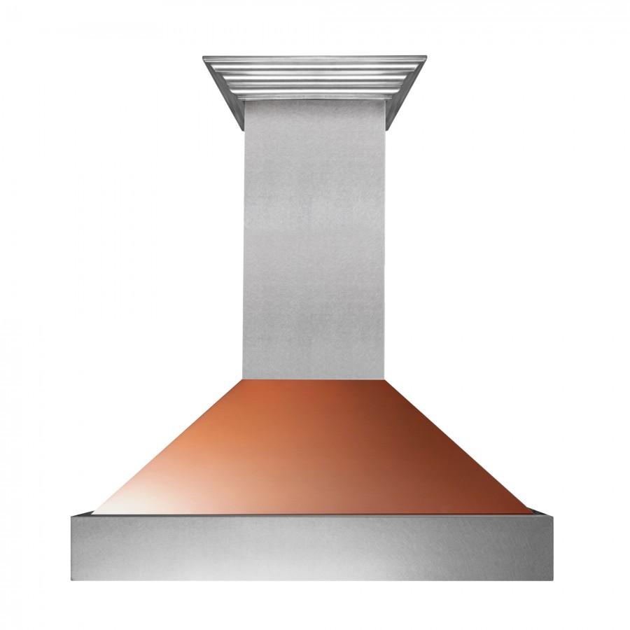 Chimney-style wall range hood with copper filter canopy and stainless flue housing