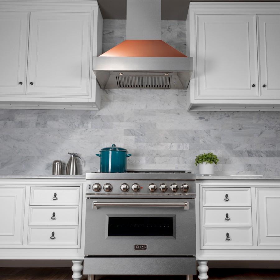 Wall-mount range hood with stainless steel finish and copper canopy above stove