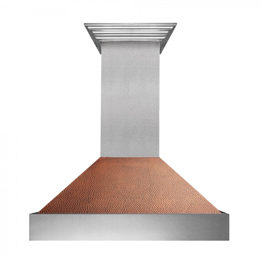 Wall chimney hood with stainless housing and copper hand-hammered top panel
