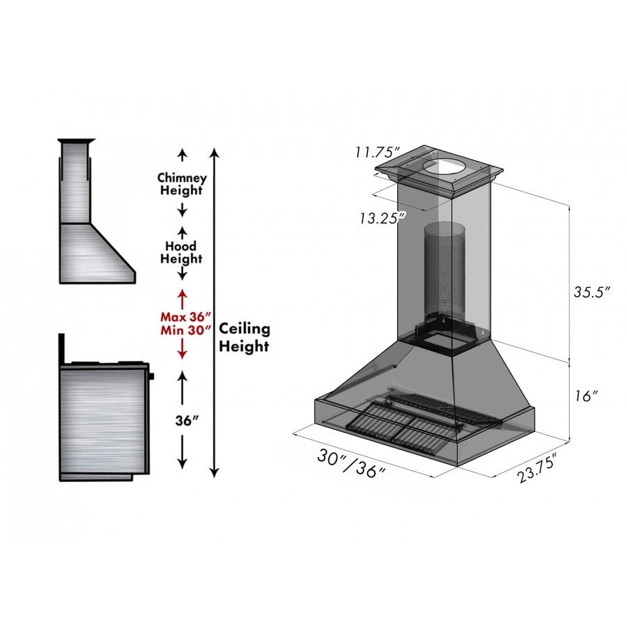 Ducted wall mount range hood with stainless body and copper hand-hammered shell