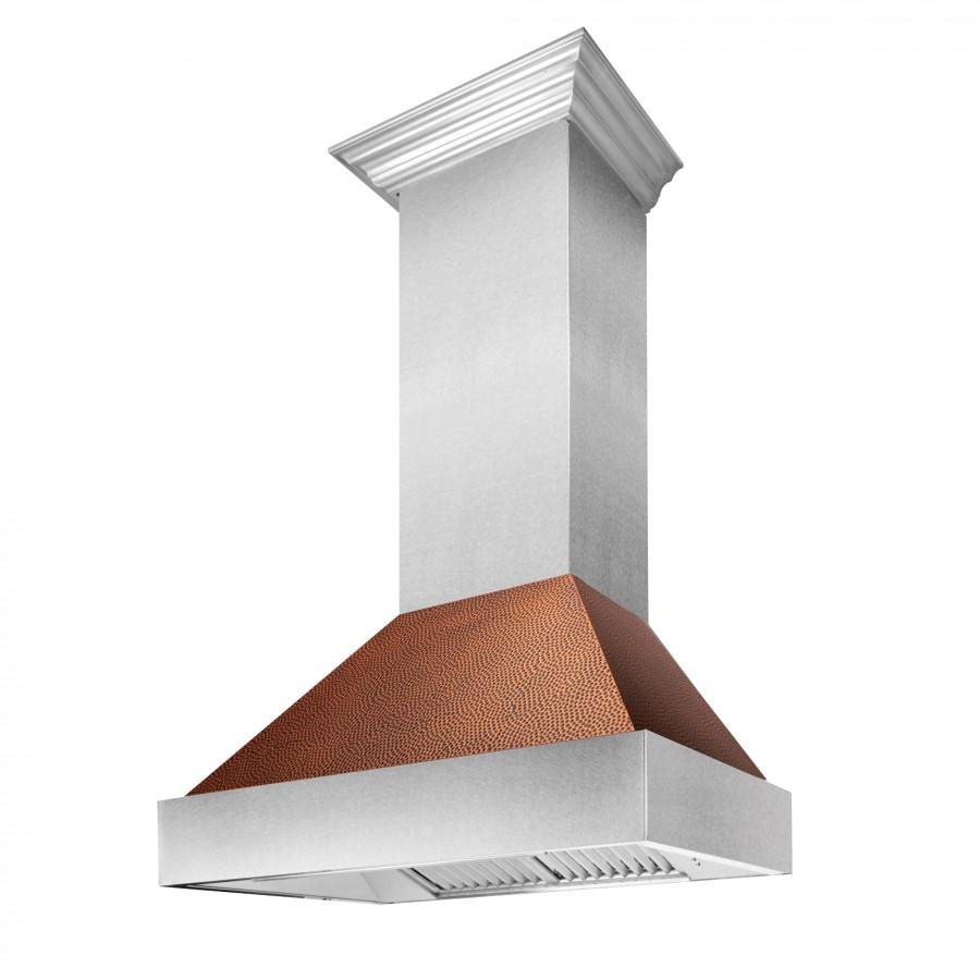Angled view of ducted wall mount range hood with stainless finish and copper shell