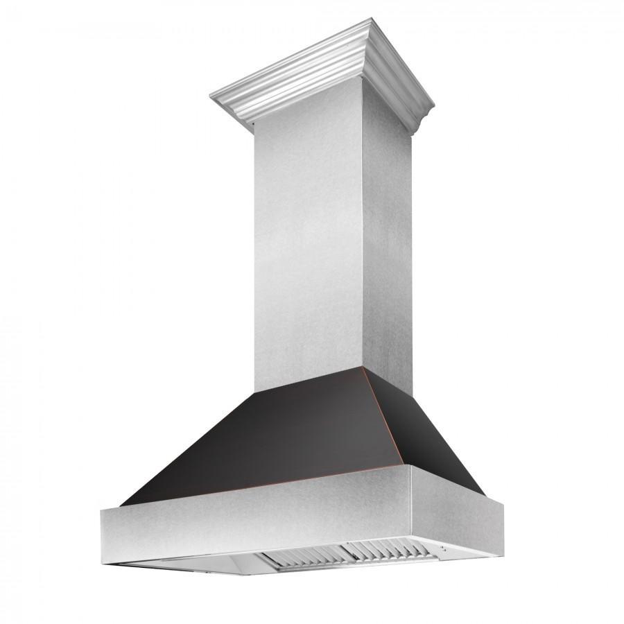 Ducted wall-mount range hood with stainless chimney and dark canopy underside