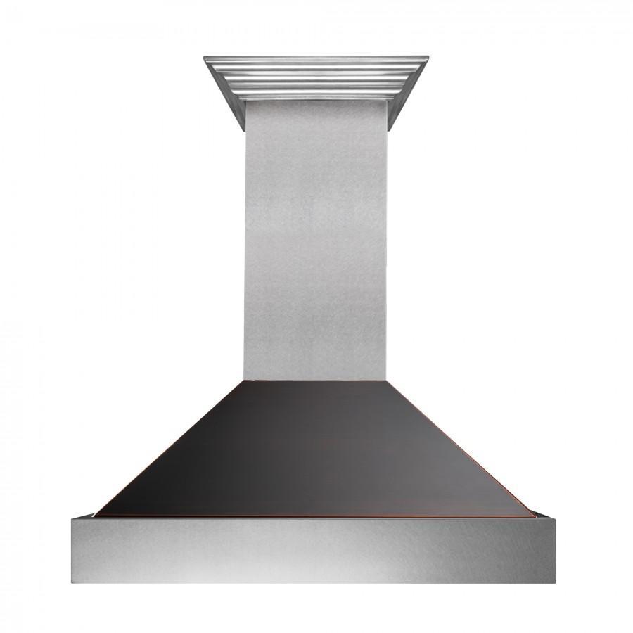 Ducted wall-mount range hood with stainless chimney and dark vent canopy