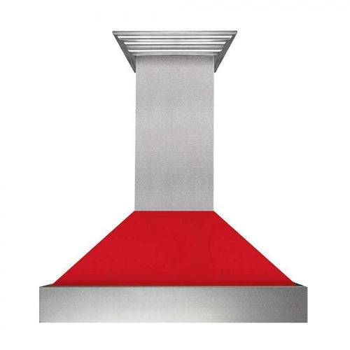 Satin stainless steel chimney range hood with red matte canopy