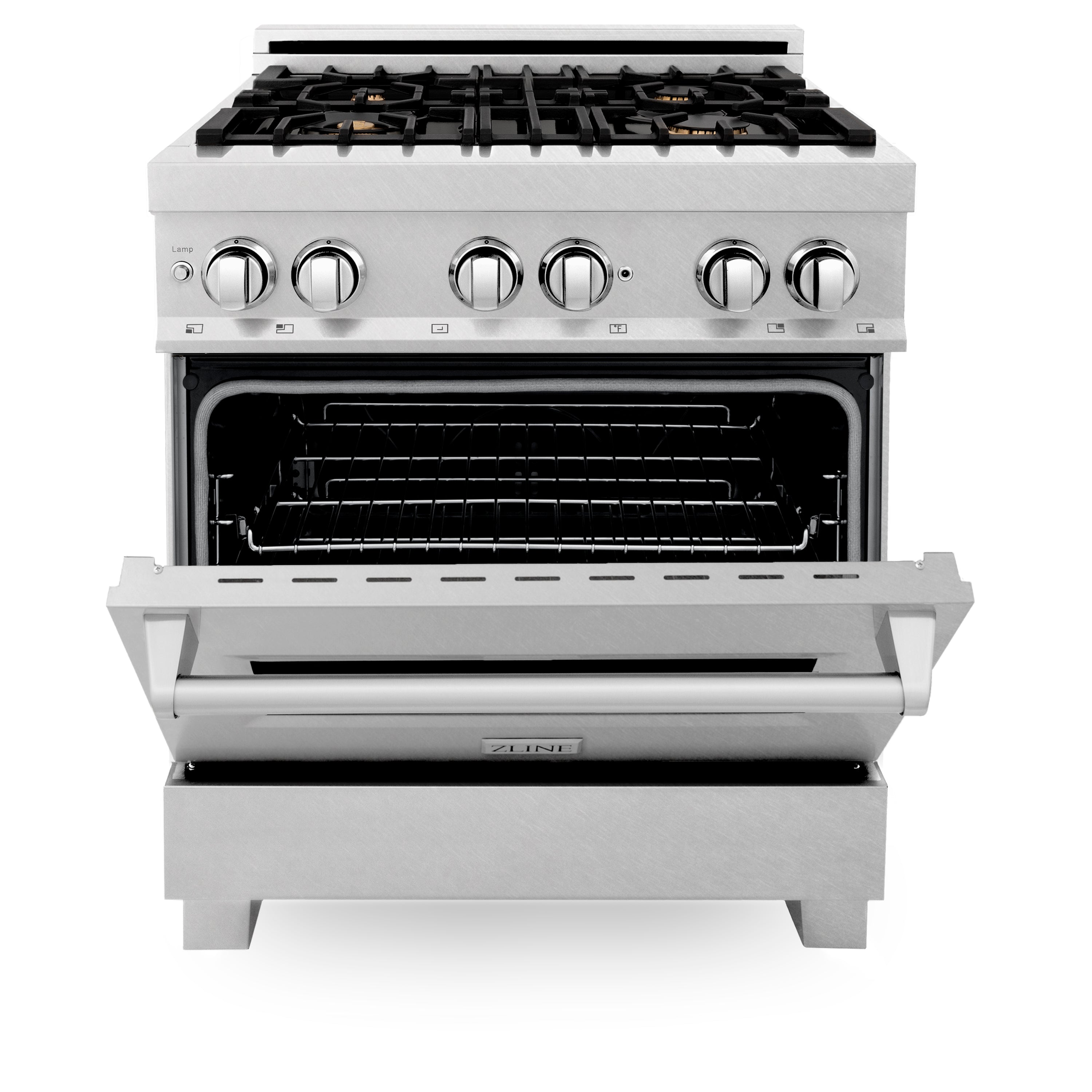Satin stainless dual fuel range with open electric oven door and front controls