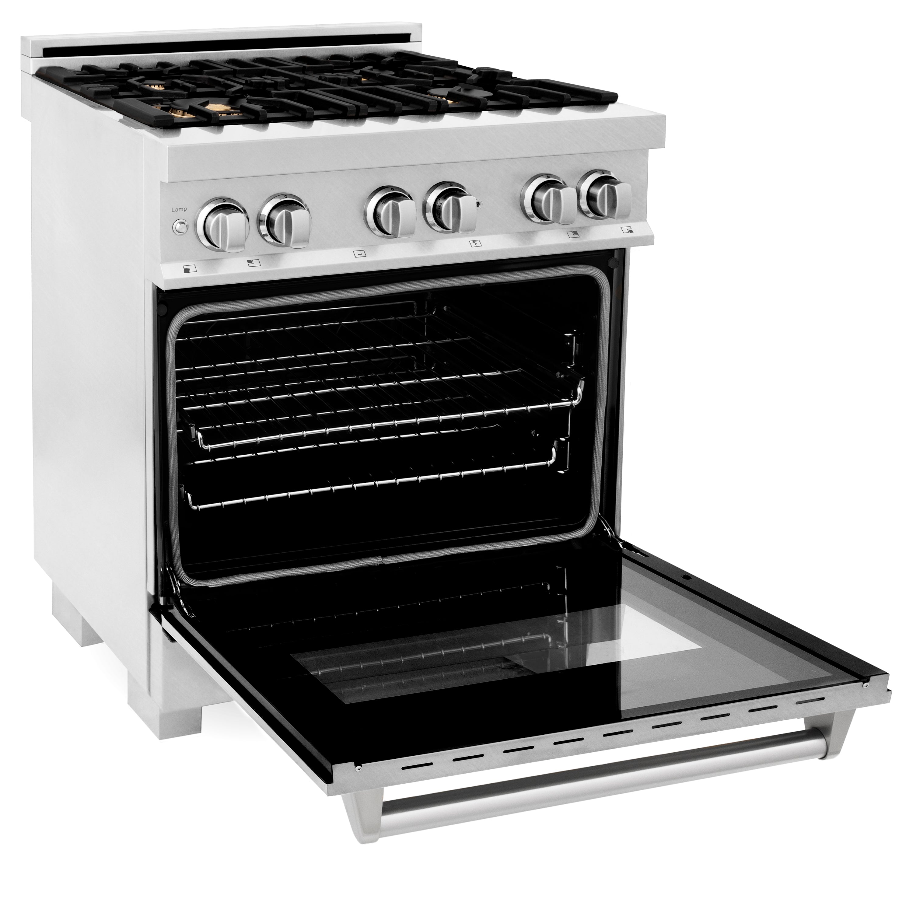 Satin stainless dual fuel range with open oven door and extended oven shelf