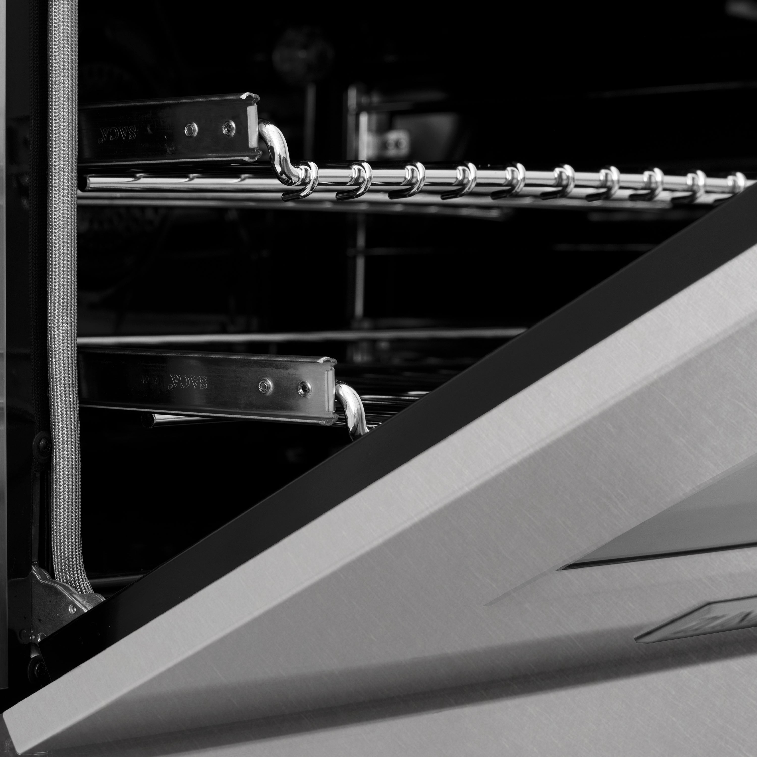 Stainless oven door hinge and chain inside a dual fuel range