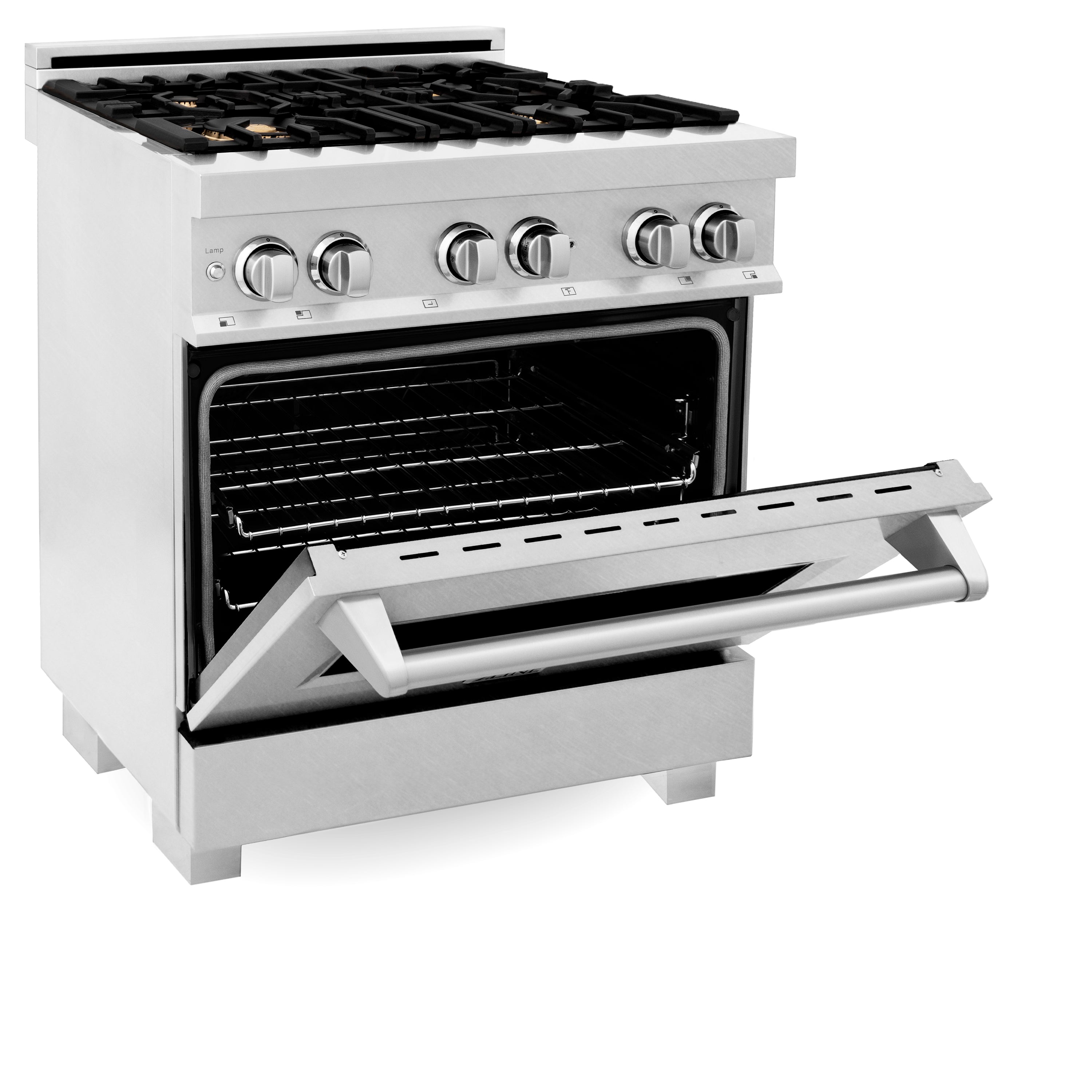 Satin stainless dual fuel range with open electric oven and wire racks