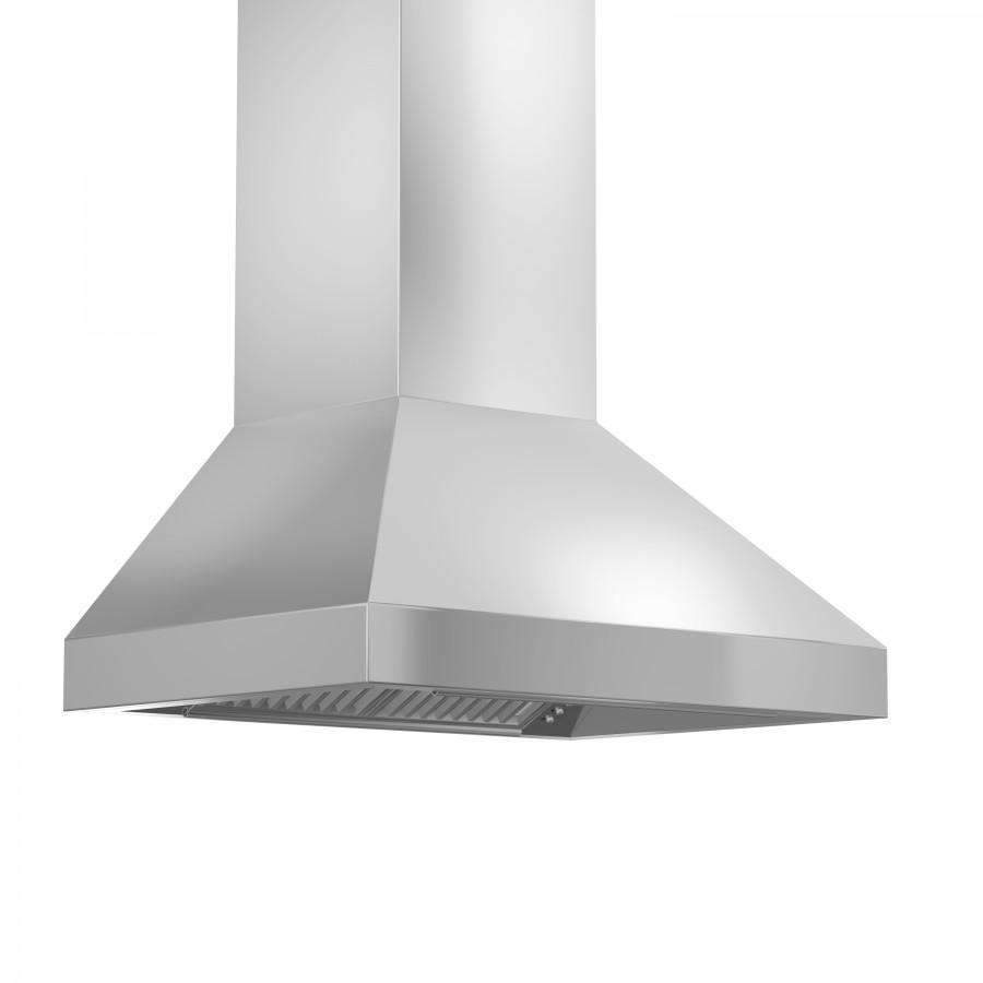 Stainless steel wall mount range hood with sloped canopy and front vent grille