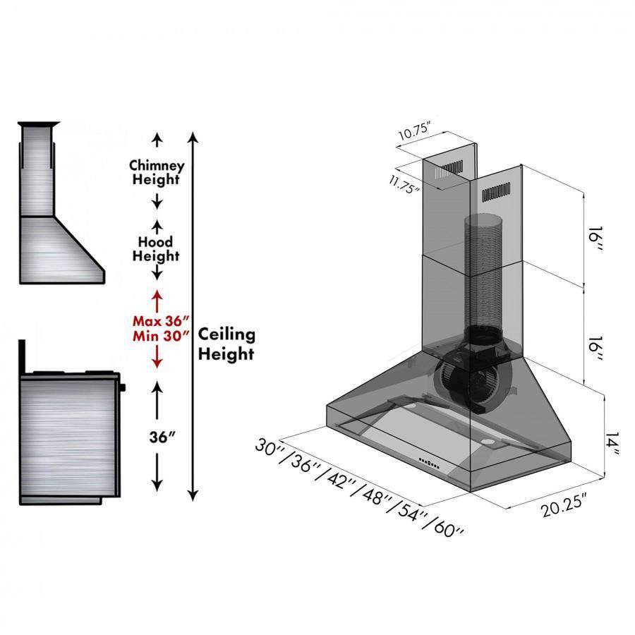 Stainless steel wall mount range hood with chimney housing and vent canopy
