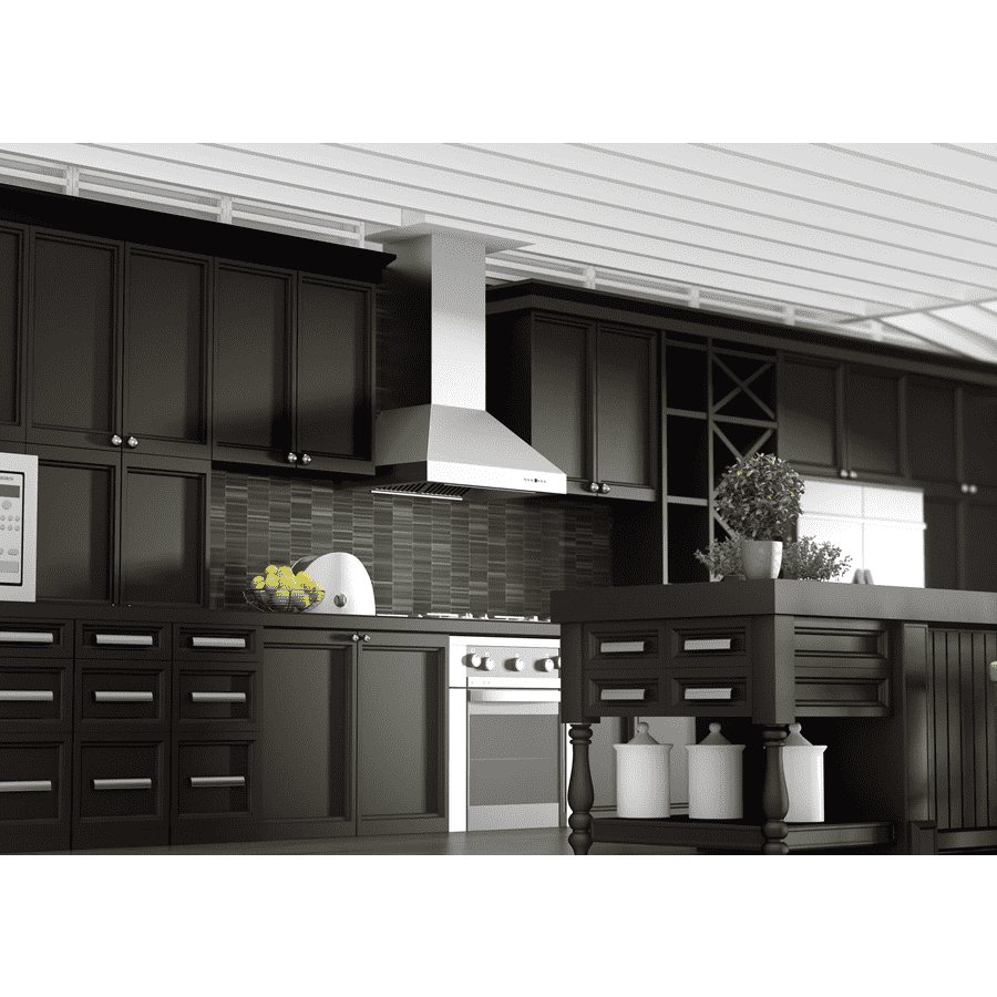Stainless steel wall-mount range hood above stovetop, chimney with vent grille
