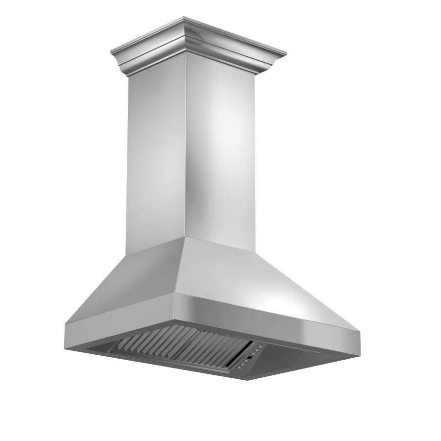 Stainless steel chimney range hood with front vent grille and sloped canopy