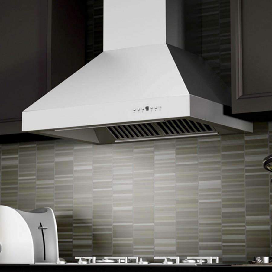 Stainless steel wall mount range hood with front vent grille and chimney housing