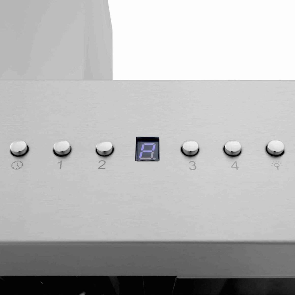 Range hood control panel with five knobs and blue digital display