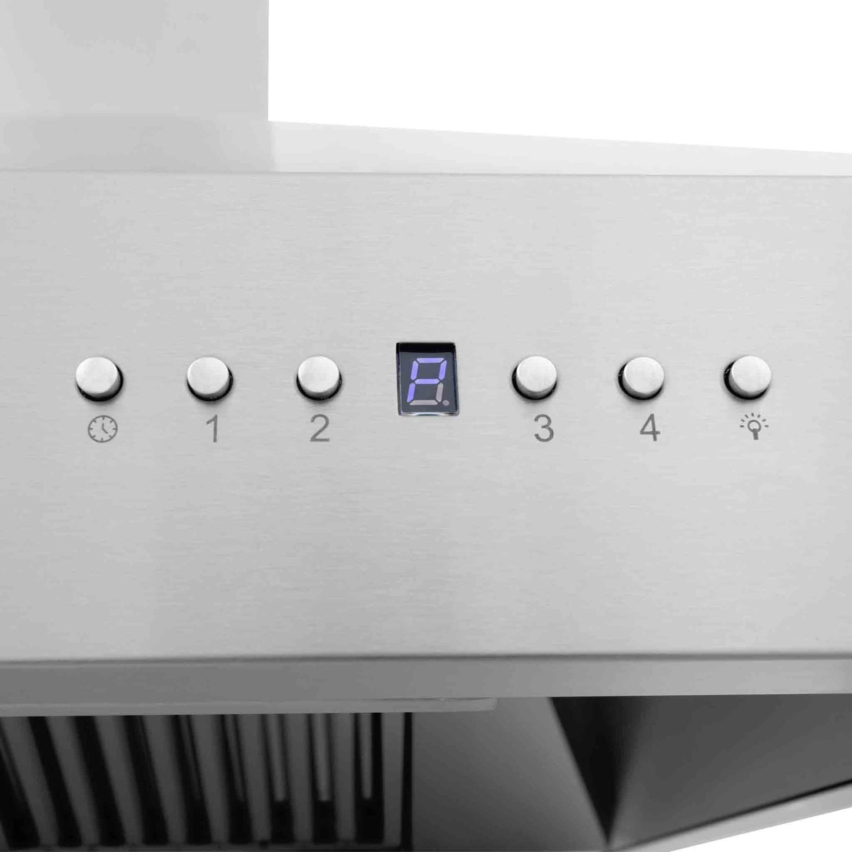 Stainless steel range hood control panel with button row and digital display