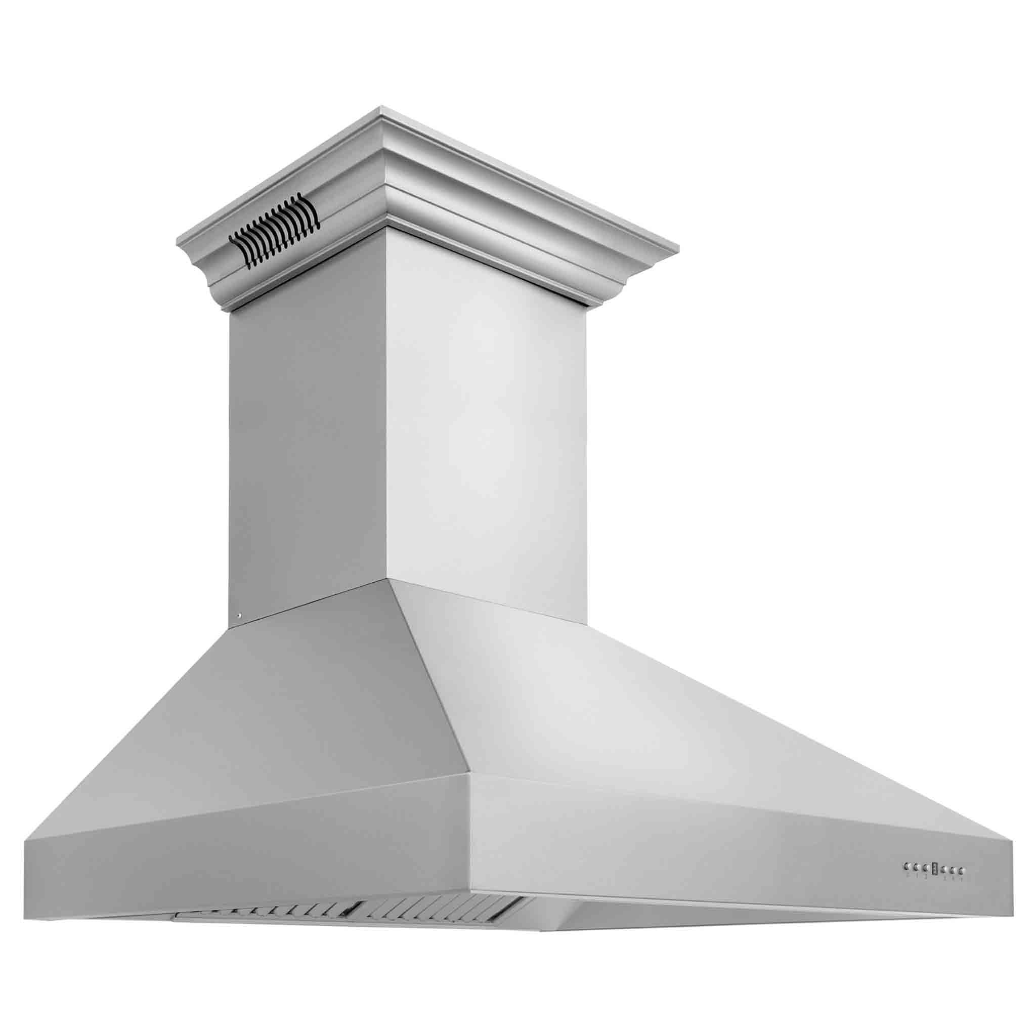 Stainless steel wall mount range hood with side vent grilles and chimney cap