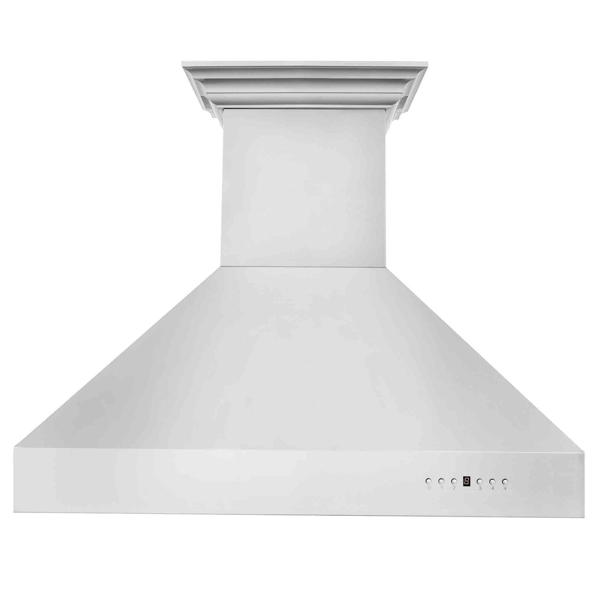 Stainless steel chimney range hood with front control panel and vent canopy