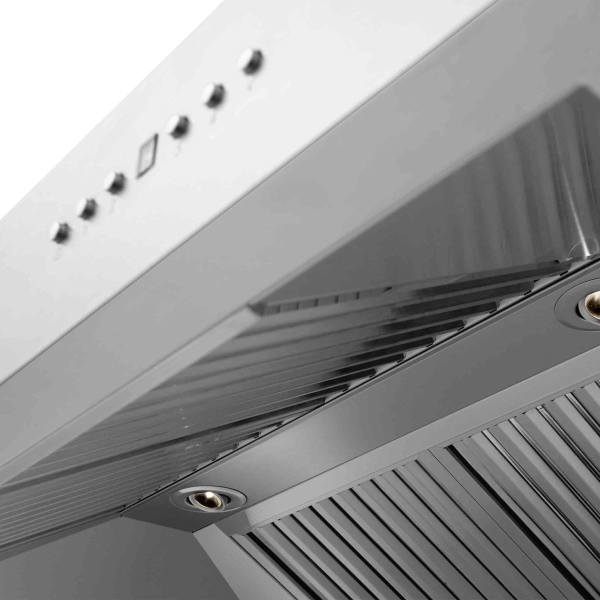 Stainless steel range hood vent section with control buttons and circular knobs