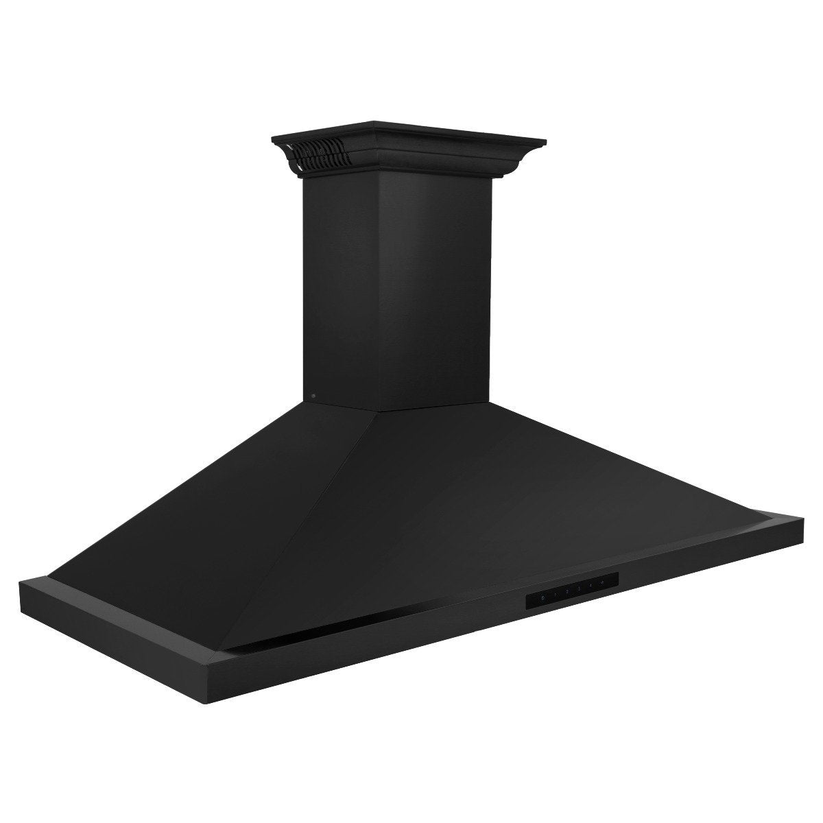 Black stainless wall mount range hood with angled canopy and chimney chimney body