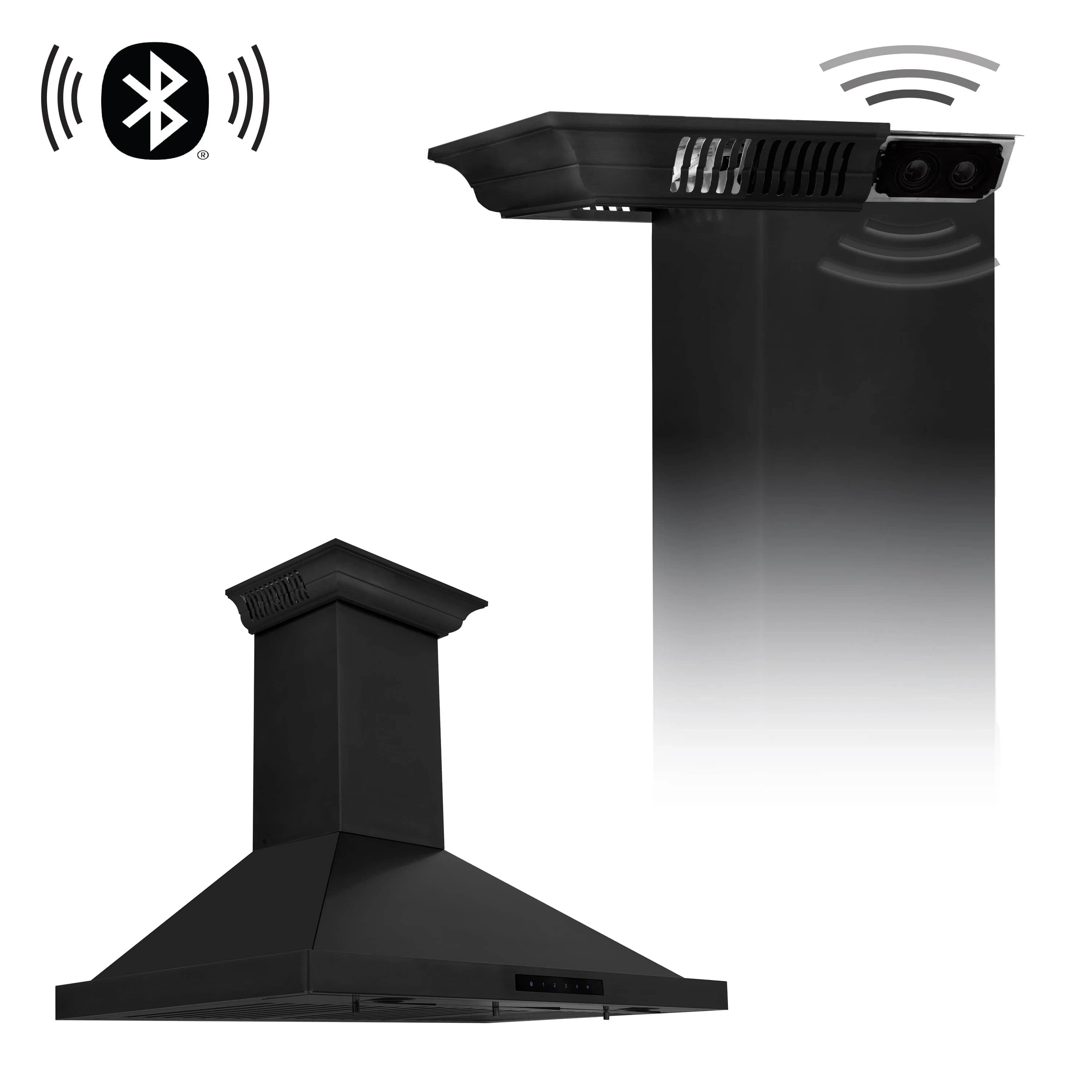 Black wall mount range hood with front control panel and built-in speaker ports